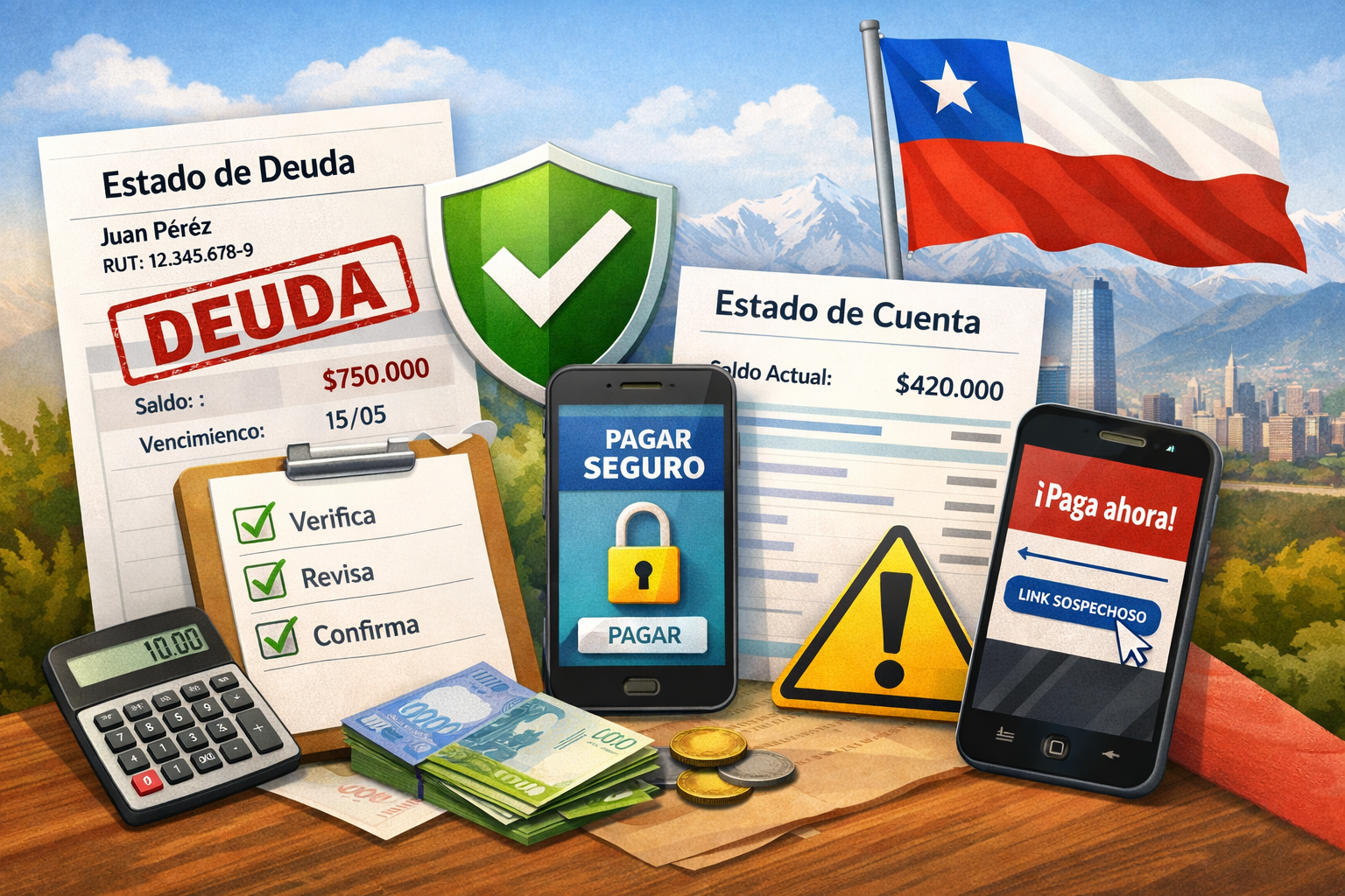 Estado de deuda: cómo leerlo y qué pasos dar antes de pagar 1 Ilustración de estado de deuda y estado de cuenta en Chile, con checklist de verificación y pago seguro para evitar estafas