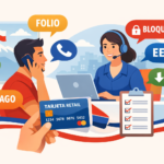 Persona llamando por teléfono a servicio al cliente, con globos que dicen folio, bloqueo, EECC, pago y baja, en contexto Chile.