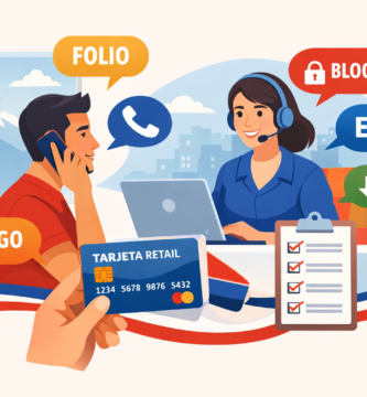 Fono tarjeta Cencosud: dónde encontrarlo y qué pedir en una llamada 1 Persona llamando por teléfono a servicio al cliente, con globos que dicen folio, bloqueo, EECC, pago y baja, en contexto Chile.