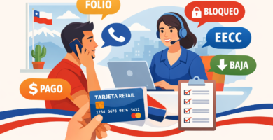 Fono tarjeta Cencosud: dónde encontrarlo y qué pedir en una llamada 2 Persona llamando por teléfono a servicio al cliente, con globos que dicen folio, bloqueo, EECC, pago y baja, en contexto Chile.
