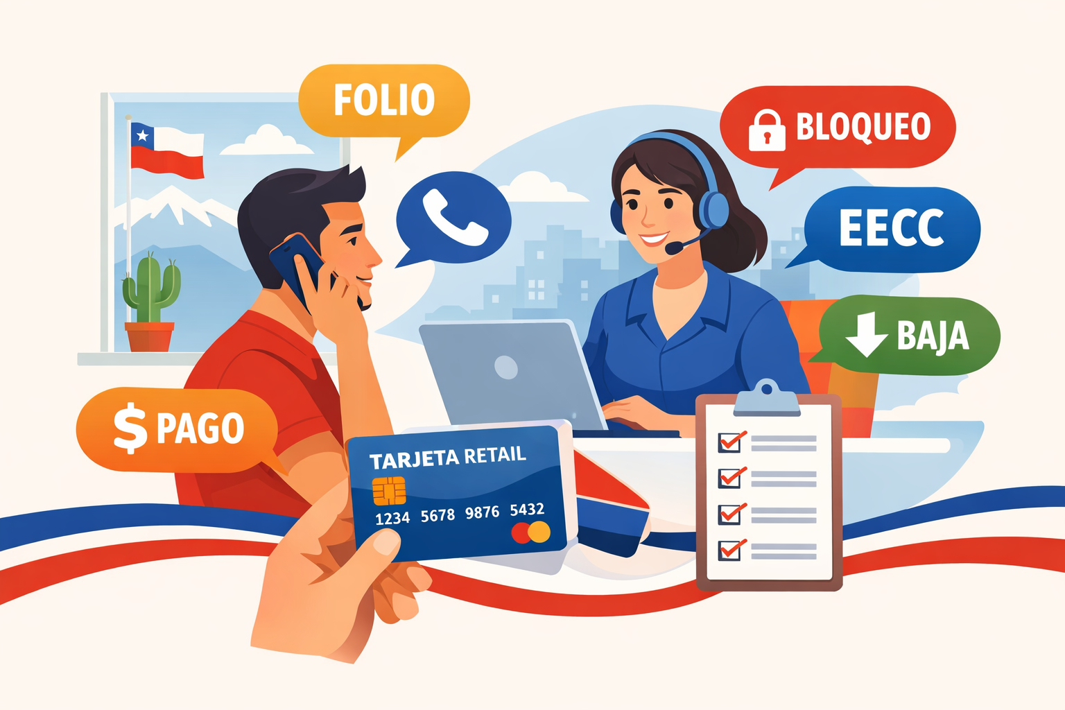 Fono tarjeta Cencosud: dónde encontrarlo y qué pedir en una llamada 1 Persona llamando por teléfono a servicio al cliente, con globos que dicen folio, bloqueo, EECC, pago y baja, en contexto Chile.