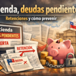 Ilustración sobre “Hacienda deudas pendientes” y retenciones: documentos, alcancía y edificio público en Chile.