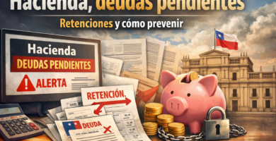 Hacienda deudas pendientes: cómo puede terminar en retenciones y qué prevenir 9 Ilustración sobre “Hacienda deudas pendientes” y retenciones: documentos, alcancía y edificio público en Chile.