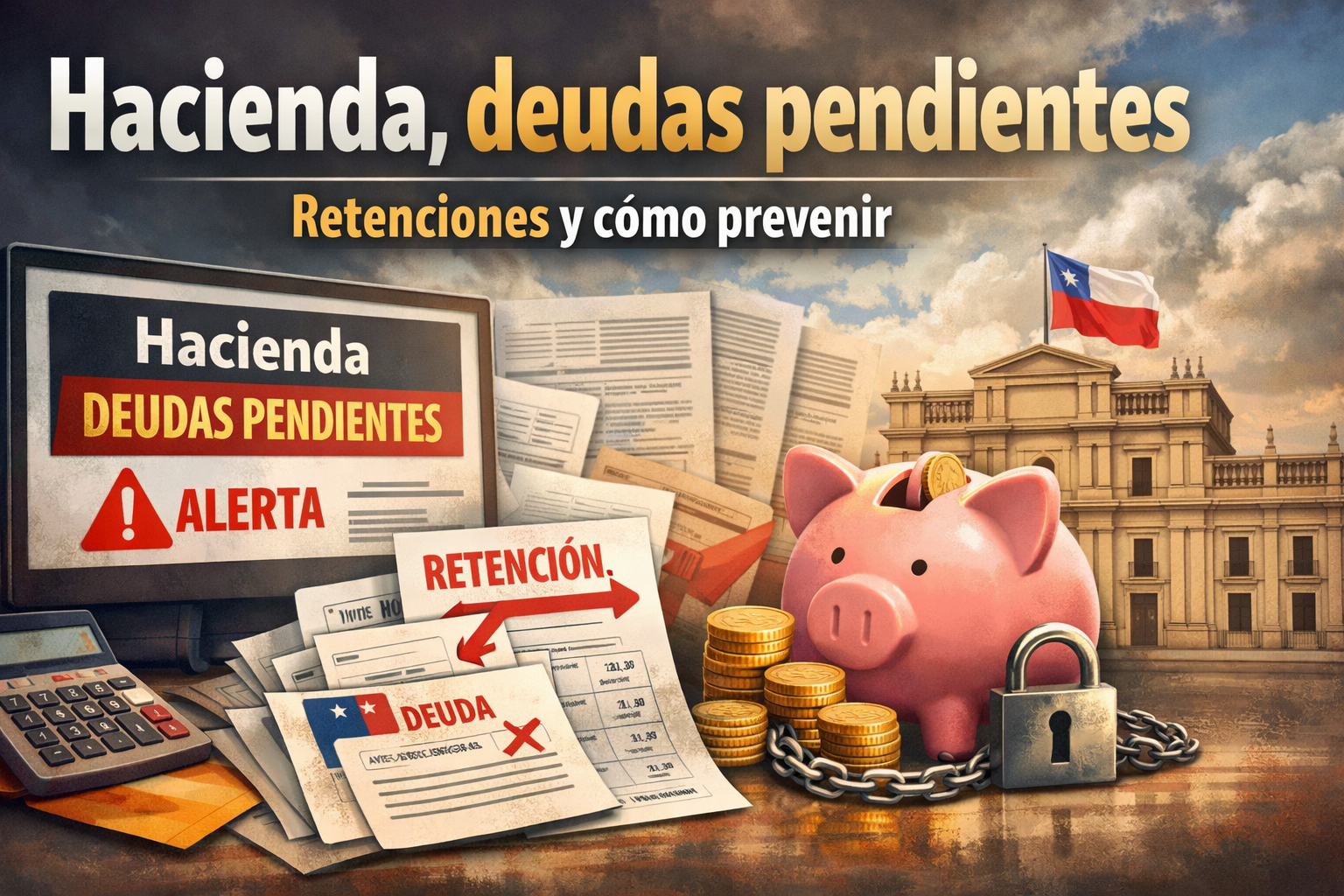 Ilustración sobre “Hacienda deudas pendientes” y retenciones: documentos, alcancía y edificio público en Chile.