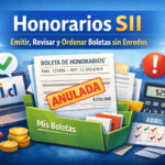 Ilustración sobre Honorarios SII con boleta de honorarios, laptop SII.cl, calculadora, carpeta “Mis Boletas” y calendario para ordenar y revisar.