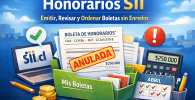 honorarios sii: cómo emitir, revisar y ordenar tus boletas sin enredos 6 Ilustración sobre Honorarios SII con boleta de honorarios, laptop SII.cl, calculadora, carpeta “Mis Boletas” y calendario para ordenar y revisar.
