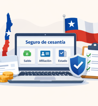 Ilustración de laptop con “Seguro de cesantía” y botones “Saldo”, “Afiliación” y “Estado”, junto a RUT y bandera de Chile.