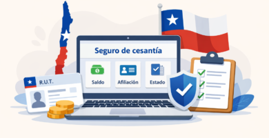 Ilustración de laptop con “Seguro de cesantía” y botones “Saldo”, “Afiliación” y “Estado”, junto a RUT y bandera de Chile.