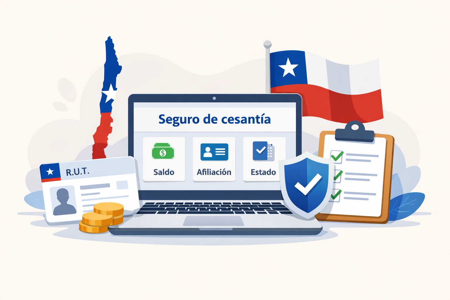 Seguro de cesantía AFC: cómo saber si estoy afiliado y qué cubre 1 Ilustración de laptop con “Seguro de cesantía” y botones “Saldo”, “Afiliación” y “Estado”, junto a RUT y bandera de Chile.