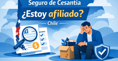 Ilustración sobre el Seguro de Cesantía en Chile: “¿Estoy afiliado?” con trabajador cesante, lupa y checklist.