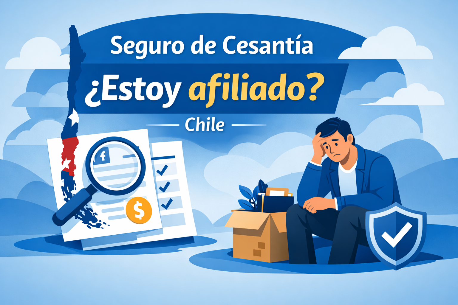 Revisar seguro de cesantía en AFC: guía paso a paso (online) 1 Ilustración sobre el Seguro de Cesantía en Chile: “¿Estoy afiliado?” con trabajador cesante, lupa y checklist.