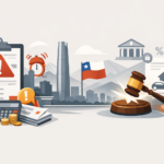 Estado de deuda en Chile con señales de alerta, cobranza judicial y retenciones representadas con íconos legales y financieros
