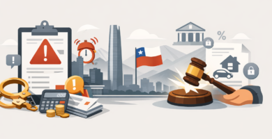 Estado de deuda: señales de alerta que sugieren cobranza más dura 8 Estado de deuda en Chile con señales de alerta, cobranza judicial y retenciones representadas con íconos legales y financieros