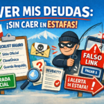 Ilustración sobre cómo ver mis deudas en Chile sin caer en estafas: checklist seguro y alerta de link falso.