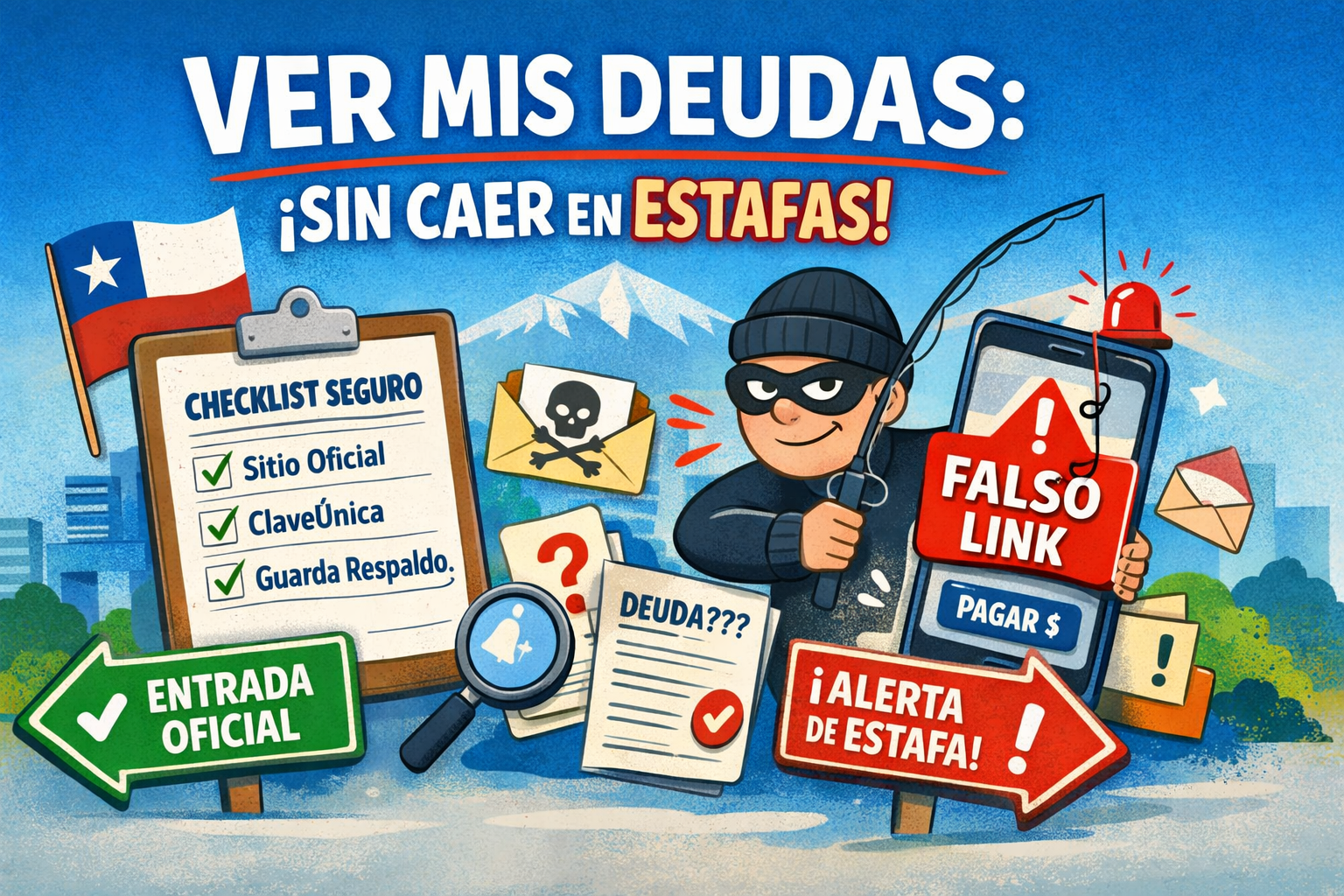 Ver mis deudas: checklist rápido para no caer en estafas ni links falsos 1 Ilustración sobre cómo ver mis deudas en Chile sin caer en estafas: checklist seguro y alerta de link falso.