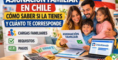 Familia revisando asignación familiar en Chile con cargas familiares, pagos y consulta en ChileAtiende