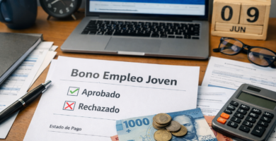 Bono Empleo Joven: resultados, pagos y por qué te puede salir “rechazado” 7 Escritorio con computador, calculadora, documentos y billetes chilenos que representa los resultados, pagos y rechazo del Bono Empleo Joven.