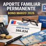 Aviso de pago del Aporte Familiar Permanente o Bono Marzo 2026 junto a cédula chilena, CuentaRUT, calculadora y dinero sobre un escritorio.