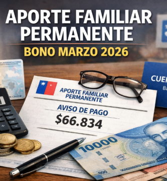 Bono Marzo (Aporte Familiar Permanente): quién lo recibe y cuándo 3 Aviso de pago del Aporte Familiar Permanente o Bono Marzo 2026 junto a cédula chilena, CuentaRUT, calculadora y dinero sobre un escritorio.
