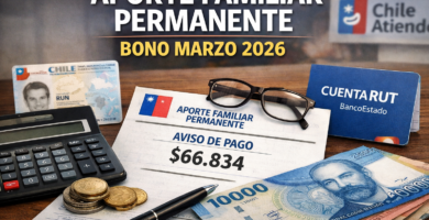 Aviso de pago del Aporte Familiar Permanente o Bono Marzo 2026 junto a cédula chilena, CuentaRUT, calculadora y dinero sobre un escritorio.