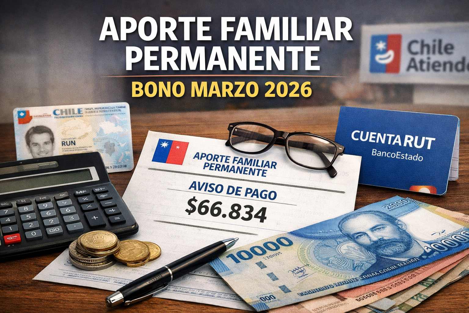 Bono Marzo (Aporte Familiar Permanente): quién lo recibe y cuándo 1 Aviso de pago del Aporte Familiar Permanente o Bono Marzo 2026 junto a cédula chilena, CuentaRUT, calculadora y dinero sobre un escritorio.