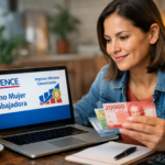 Mujer trabajadora revisando pagos y beneficios laborales en computador con billetes chilenos en la mano
