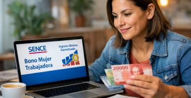Mujer trabajadora revisando pagos y beneficios laborales en computador con billetes chilenos en la mano