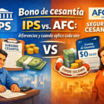 Comparación entre subsidio de cesantía IPS y seguro de cesantía AFC en Chile, con ilustraciones de trámites, dinero y fondo solidario.