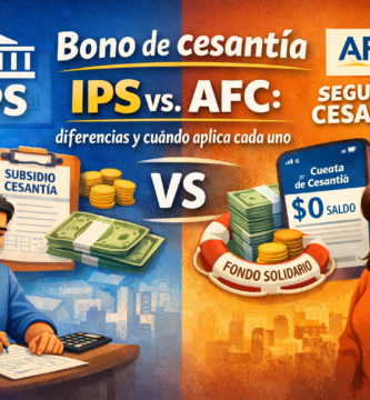 Comparación entre subsidio de cesantía IPS y seguro de cesantía AFC en Chile, con ilustraciones de trámites, dinero y fondo solidario.