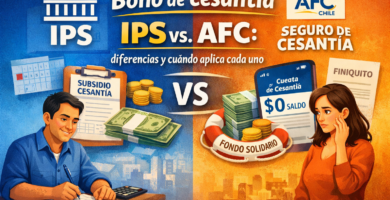 Bono de cesantía IPS vs. AFC: diferencias y cuándo aplica cada uno 12 Comparación entre subsidio de cesantía IPS y seguro de cesantía AFC en Chile, con ilustraciones de trámites, dinero y fondo solidario.
