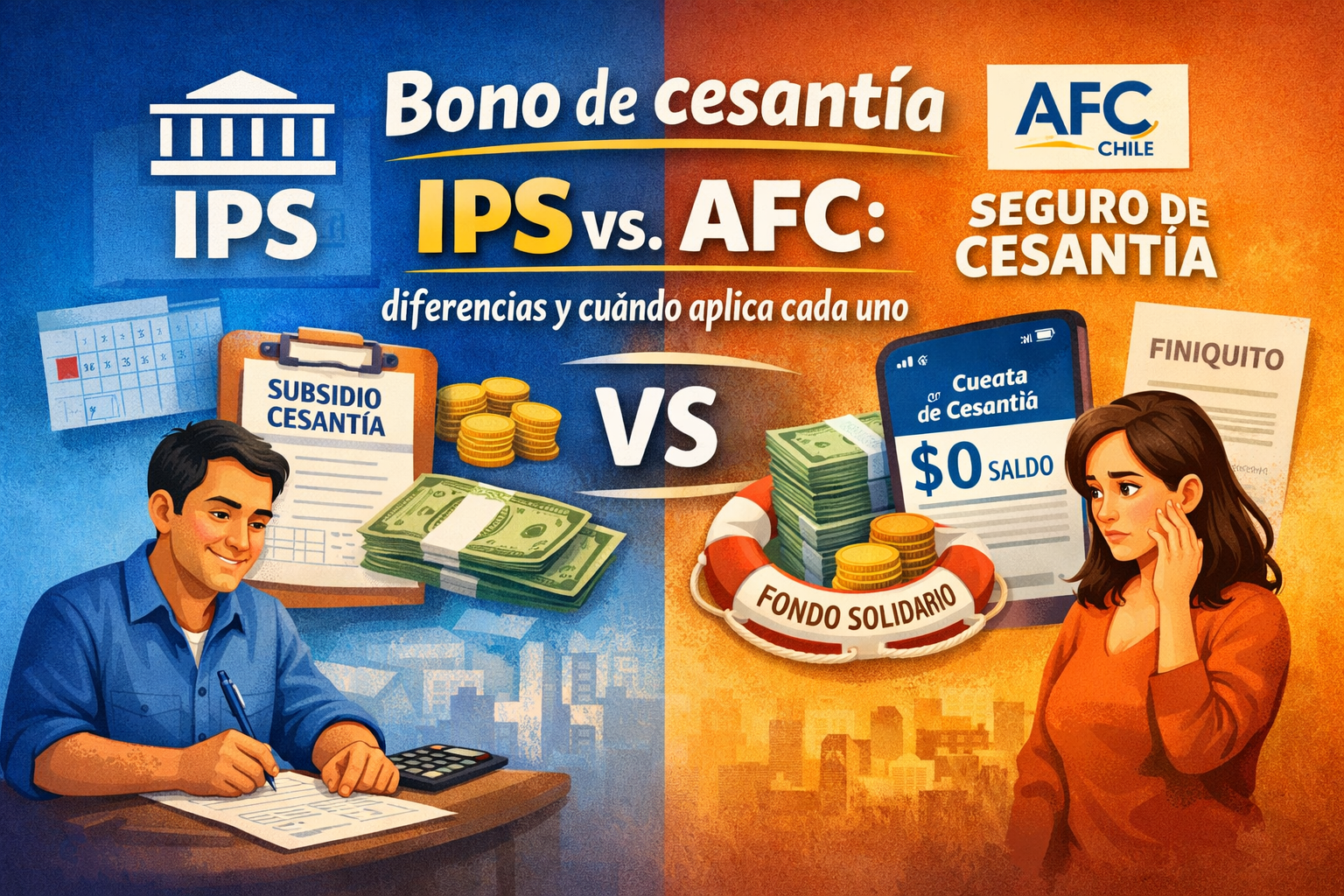 Comparación entre subsidio de cesantía IPS y seguro de cesantía AFC en Chile, con ilustraciones de trámites, dinero y fondo solidario.