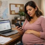 Mujer embarazada consultando beneficios maternales en IPS desde su celular en casa