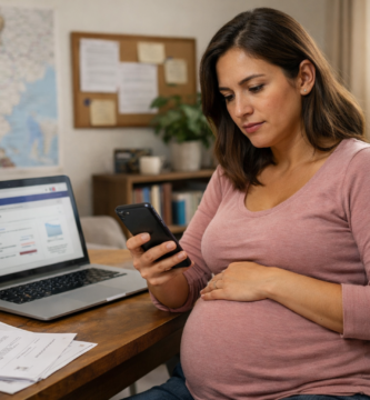 Bono Maternal / beneficios maternidad en IPS: cómo consultar 1 Mujer embarazada consultando beneficios maternales en IPS desde su celular en casa