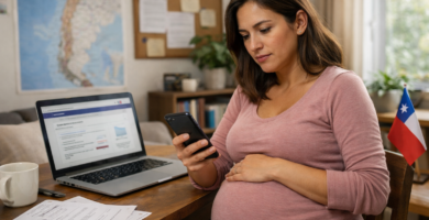 Mujer embarazada consultando beneficios maternales en IPS desde su celular en casa