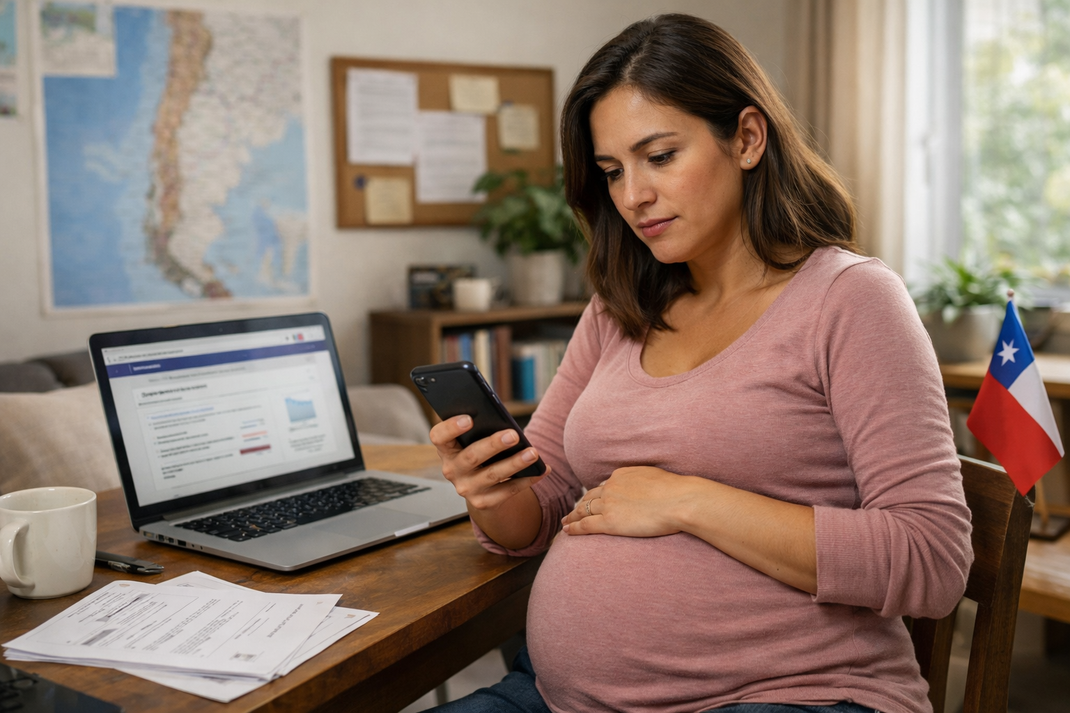 Mujer embarazada consultando beneficios maternales en IPS desde su celular en casa