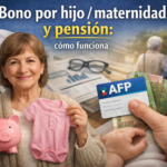 Mujer mayor en Chile mostrando ropa de bebé y ahorro previsional por Bono por Hijo