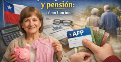 Mujer mayor en Chile mostrando ropa de bebé y ahorro previsional por Bono por Hijo