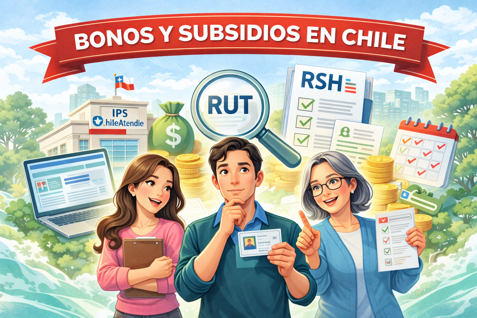 Personas revisando bonos y subsidios en Chile con RUT, IPS, ChileAtiende y Registro Social de Hogares
