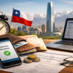Persona revisando pago del seguro de cesantía AFC en celular con documentos y dinero sobre una mesa en Santiago de Chile