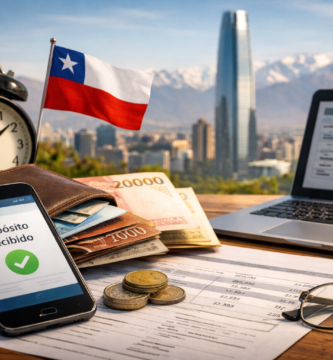 Persona revisando pago del seguro de cesantía AFC en celular con documentos y dinero sobre una mesa en Santiago de Chile