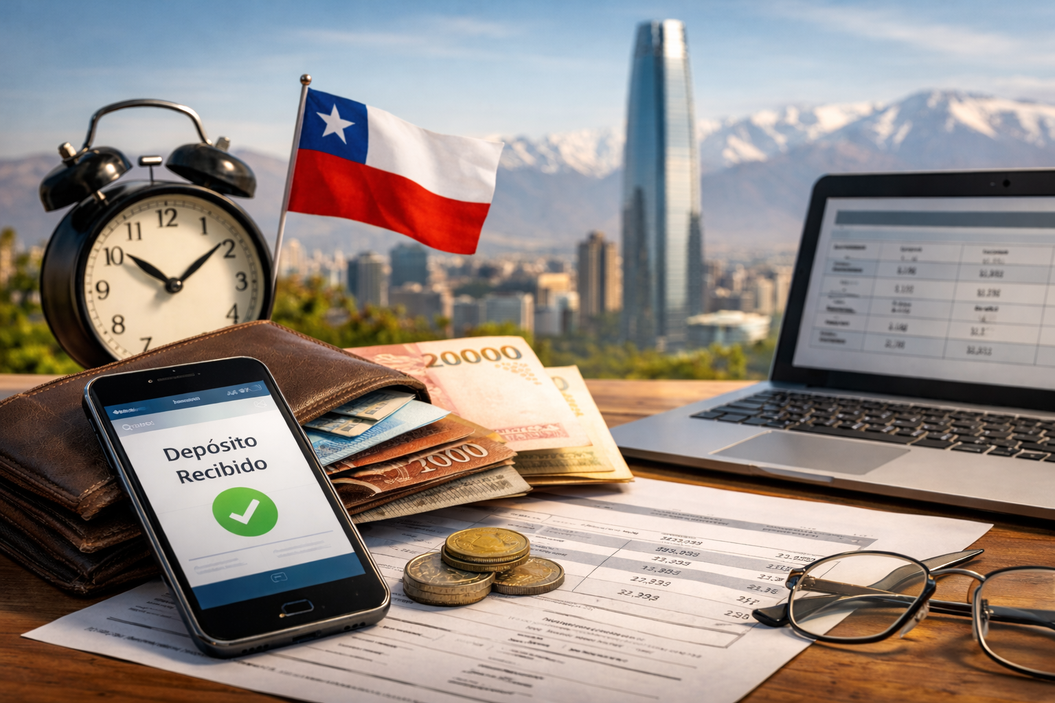 Calendario de pagos AFC: cuándo pagan y cómo confirmar tu depósito 1 Persona revisando pago del seguro de cesantía AFC en celular con documentos y dinero sobre una mesa en Santiago de Chile