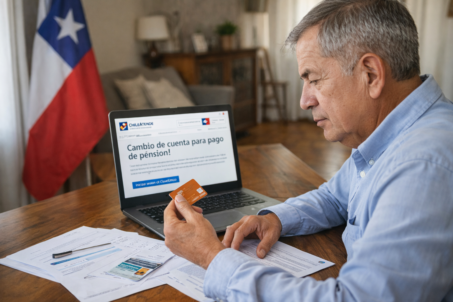 Adulto mayor revisando el cambio de cuenta para pago de pensión en Chile desde su computador