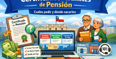 Ilustración sobre certificados para trámites de pensión en ChileAtiende e IPS, con documentos, liquidación y opciones de atención.