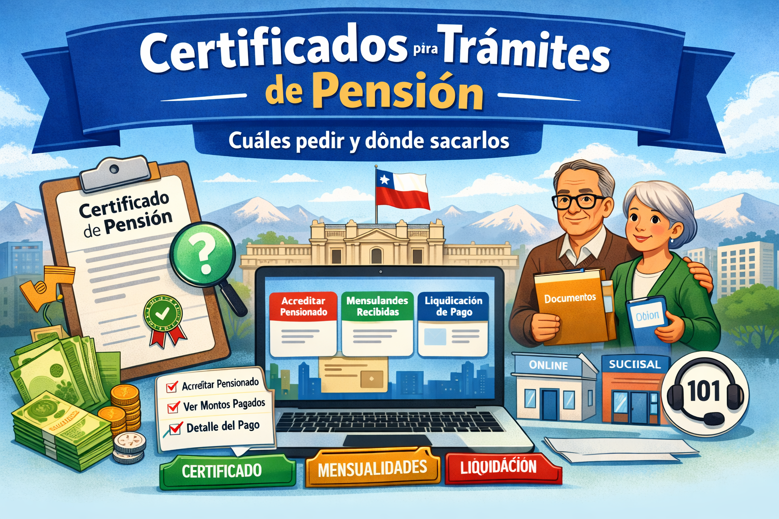 Ilustración sobre certificados para trámites de pensión en ChileAtiende e IPS, con documentos, liquidación y opciones de atención.
