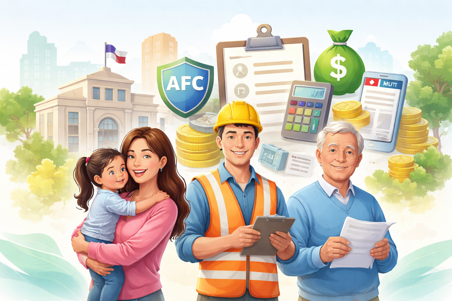 Cesantía y beneficios en Chile 1 Familia, trabajador y adulto mayor revisando beneficios de cesantía en Chile con AFC, IPS y ayudas estatales