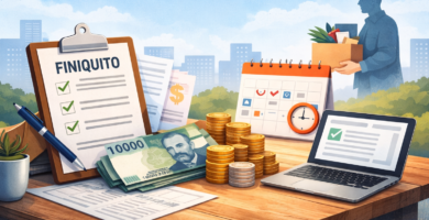 Persona revisando el cobro del seguro de cesantía AFC en Chile con documentos, notebook y dinero sobre un escritorio