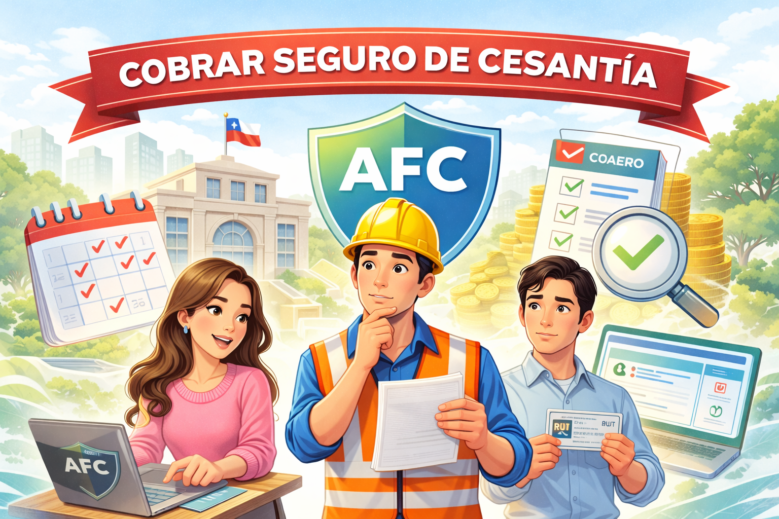 Personas realizando el cobro del seguro de cesantía AFC en Chile con documentos y pago
