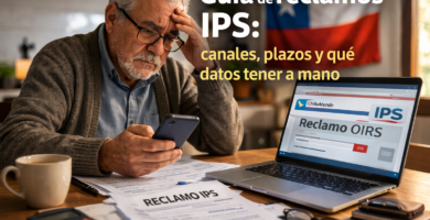 Adulto mayor revisando un reclamo IPS desde su celular y computador en Chile