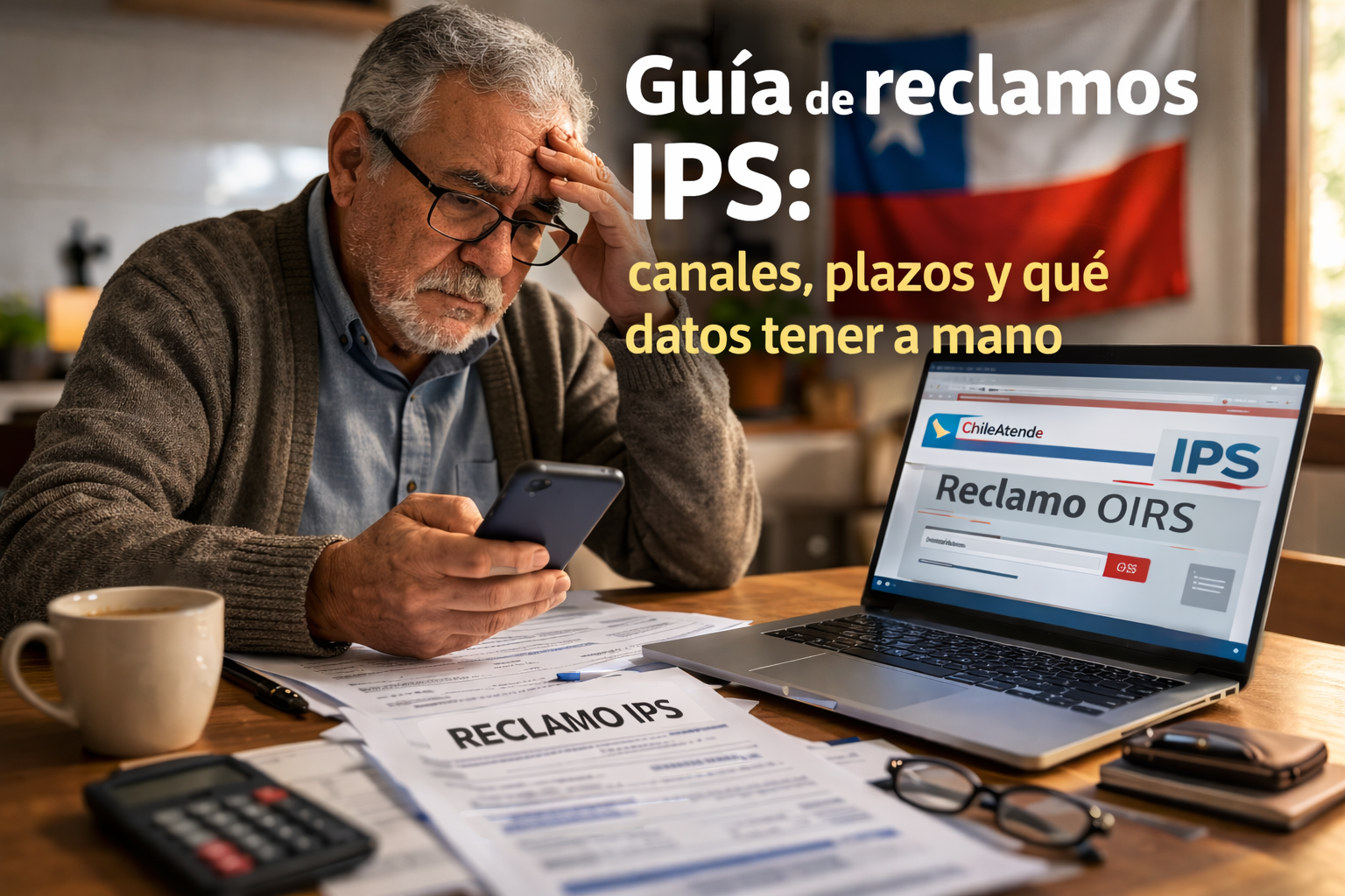 Adulto mayor revisando un reclamo IPS desde su celular y computador en Chile