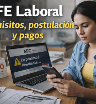 Mujer revisando desde su celular y computador información sobre IFE Laboral, requisitos, postulación y pagos en Chile